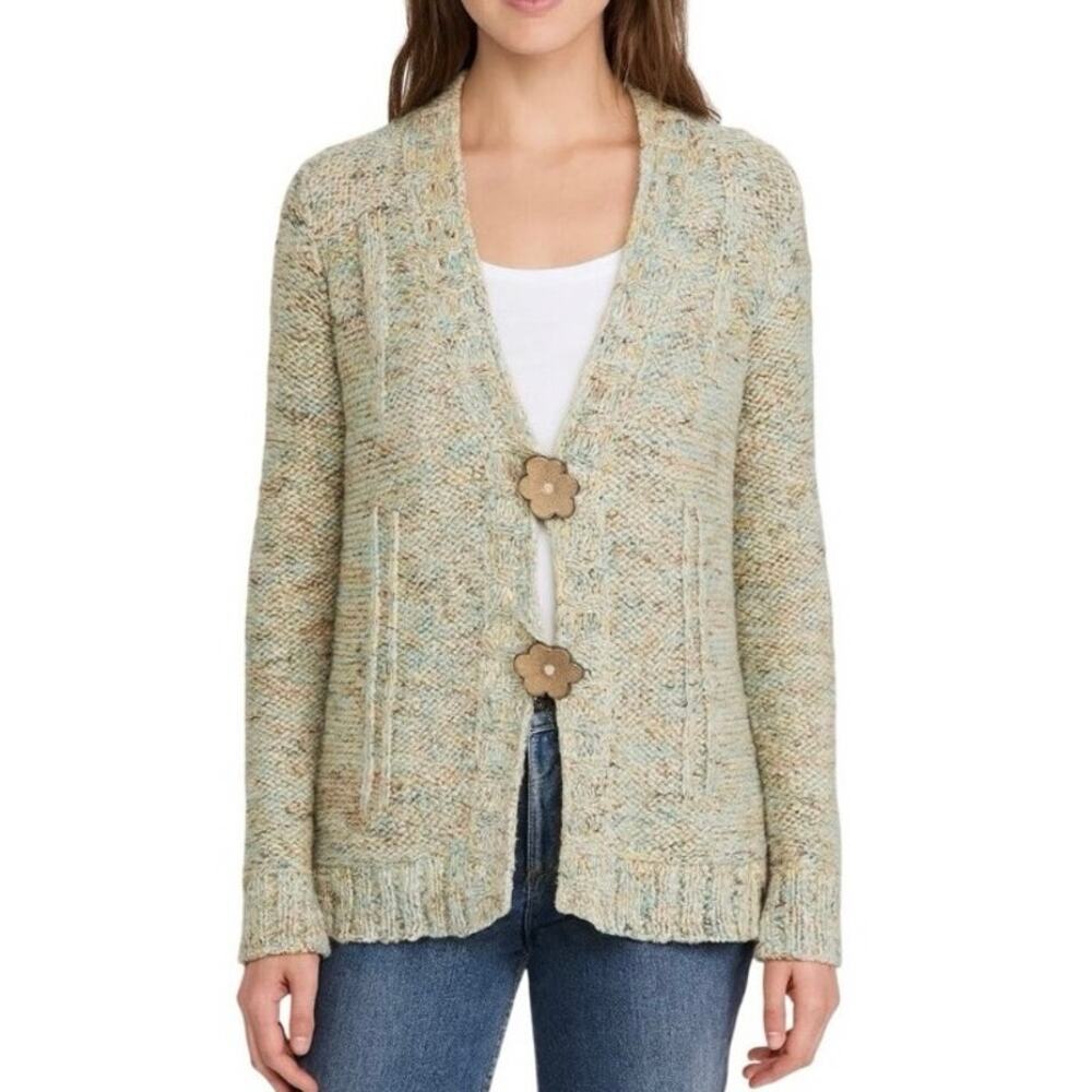 BCBG MaxAzria Y2K Marled Chunky Knit Two Wooden Flower Buttons Cardigan Sweater